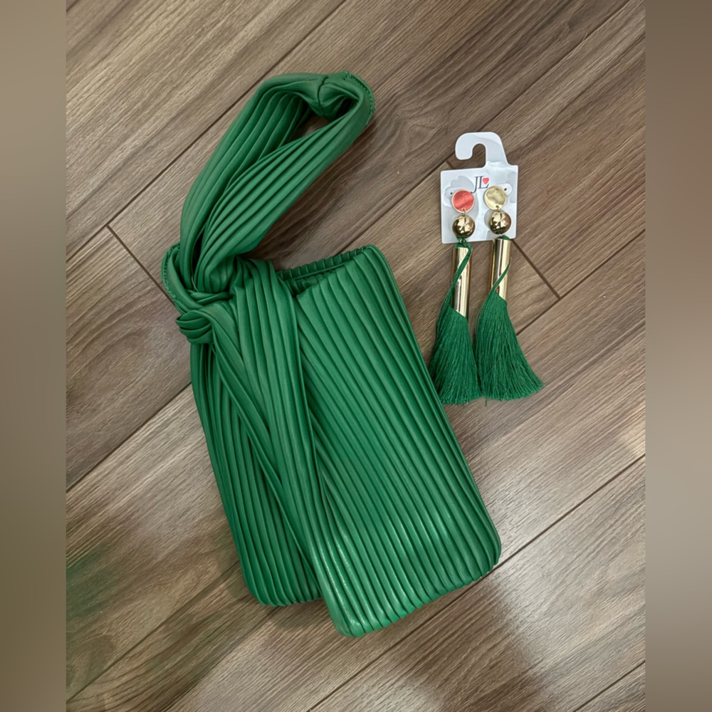 Green Pleated Crossbody Bag with Tassel Accents Earrings